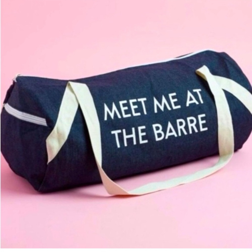 MEET ME AT THE BARRE blue gym denim canvas bag 20x9 NWOT limited edition
